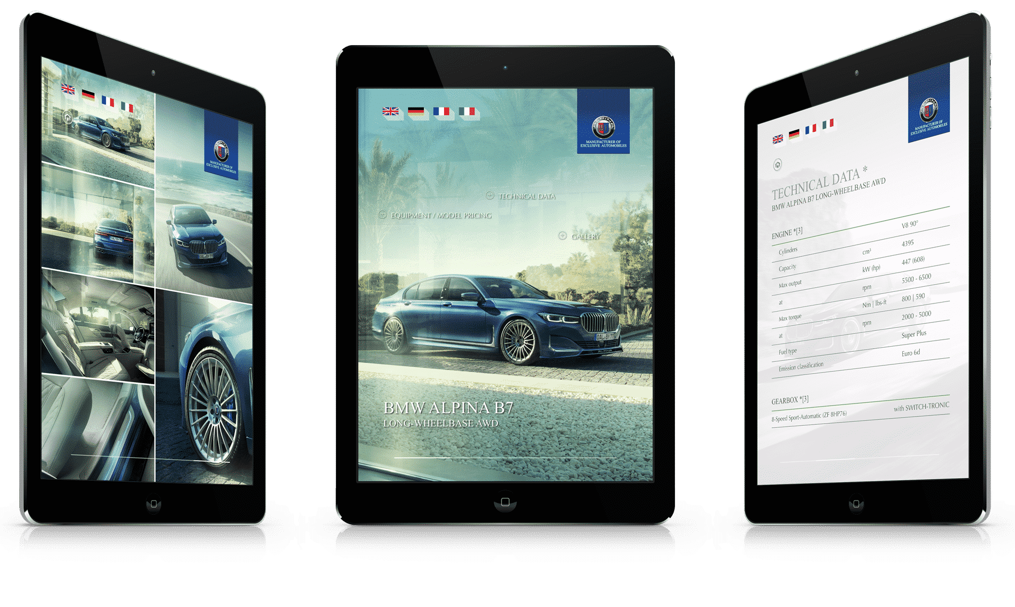 Beispiel für Webdesign Landshut: Screenshots der App von ALPINA Automobiles